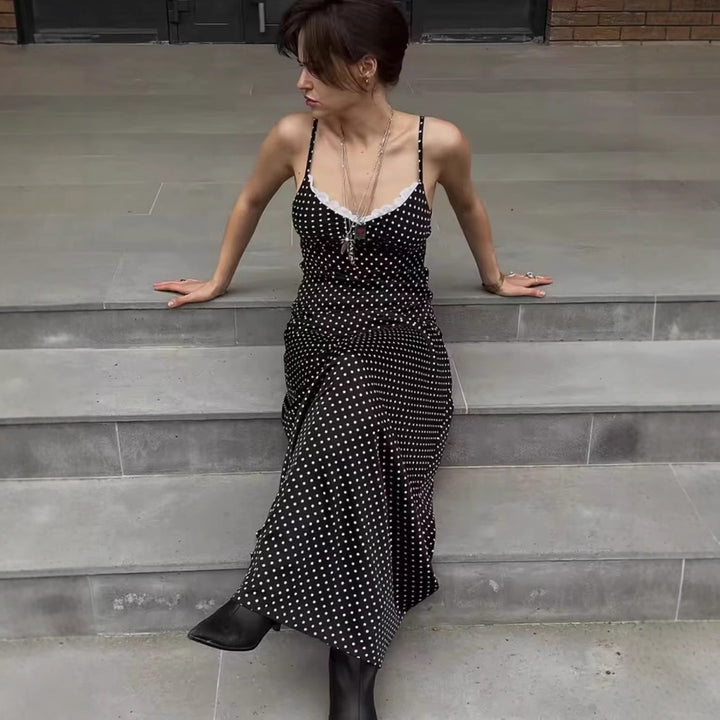 Maxi dress for women with polka dots and an elegant lace ornament Lune London