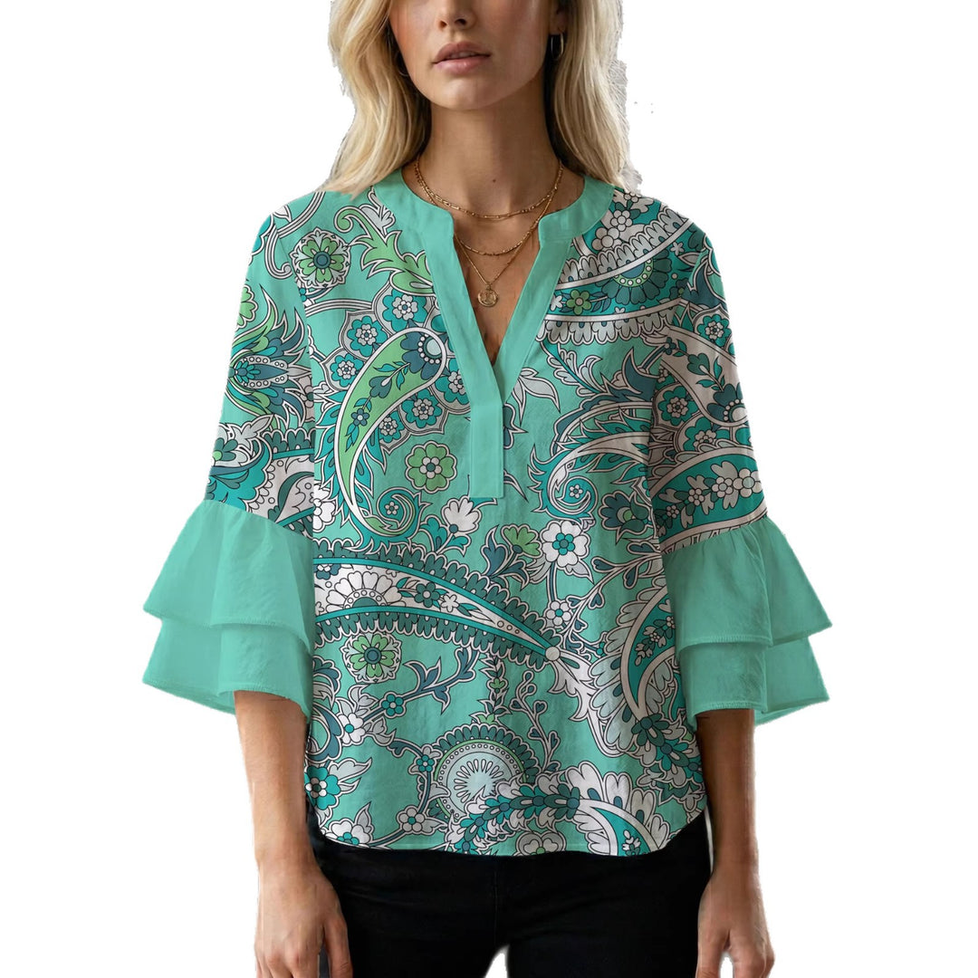 Ladies elegant blouse shirt with voluminous puff sleeves and graphic floral design Lune London