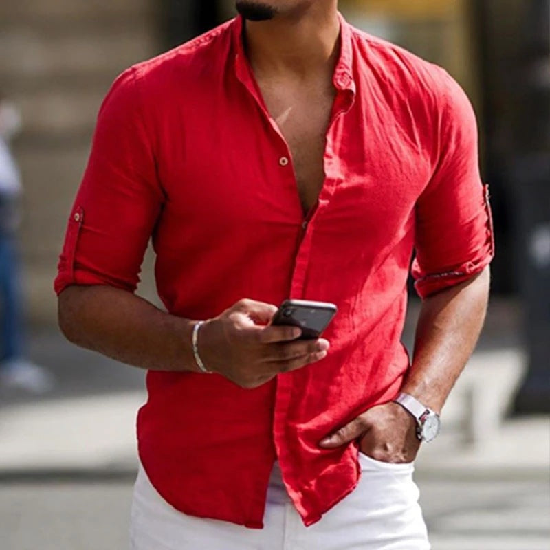Linen shirt for men with modern stand-up collar and casual button placket Lune London