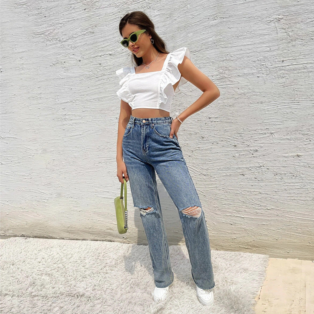 Chic & Stil | Short top women with ruffle details and square neckline