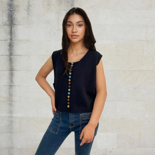 Ladies sleeveless knit vest with decorative buttons Lune London