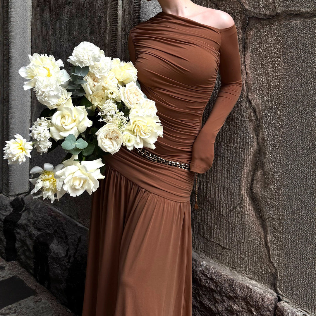 Elegant maxi dresses for women with asymmetric cut and ruching Lune London
