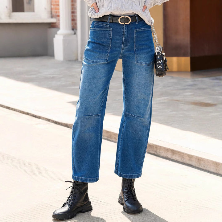 Women's mid-rise denim pants with unique patch pockets Lune London