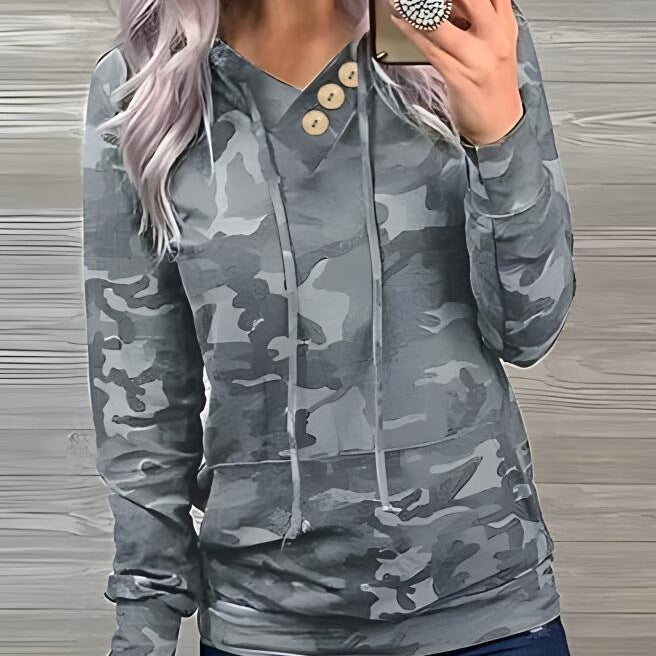 Casual hoodie for women with button details and modern camouflage pattern Lune London