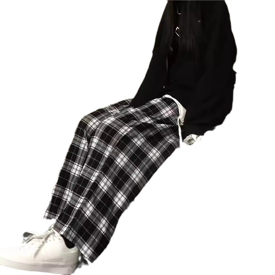 Wide plaid trousers for women with elastic waistband and tie belt Lune London