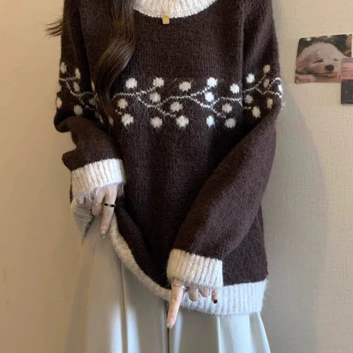 Pull doux en tricot pour femmes avec motif floral et détails en dentelle contrastés