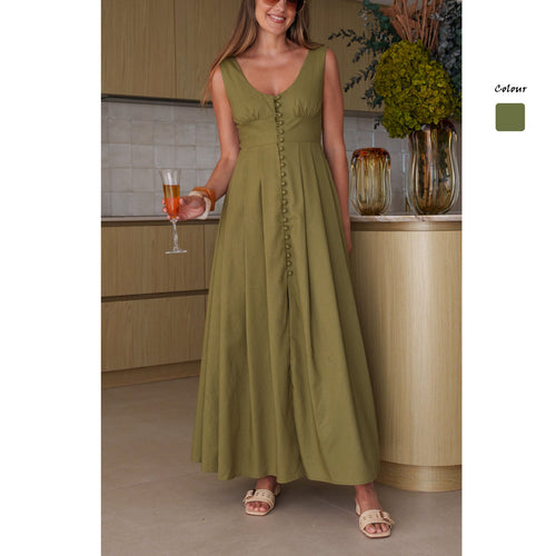 Ladies maxi dress with chic button design and elegant V-neck Lune London