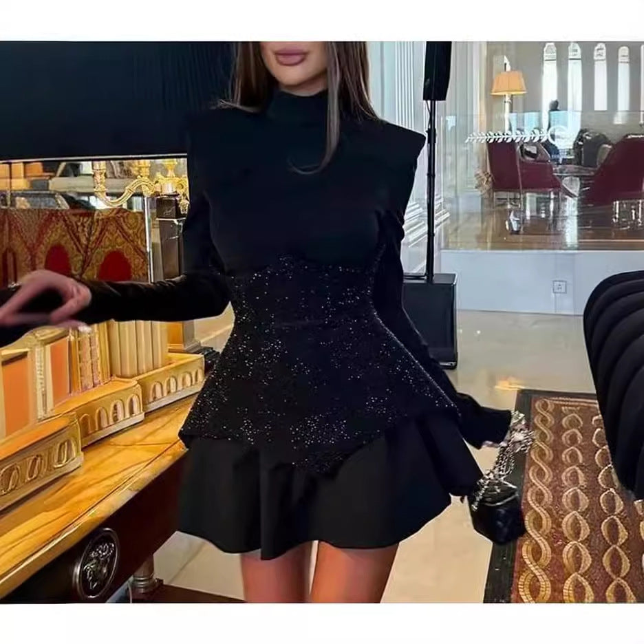 Women Glamorous Cocktail Dress with Textured Bodice and Voluminous Skirt Lune London