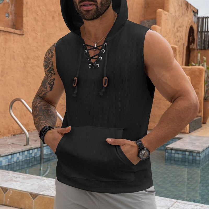 Men's sleeveless sports tank top with hood and laces Lune London