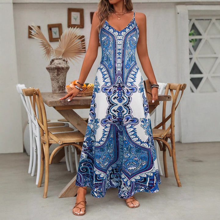 Ladies Elegant Long Max Dress with Delicate Pattern and Spaghetti Straps Lune London
