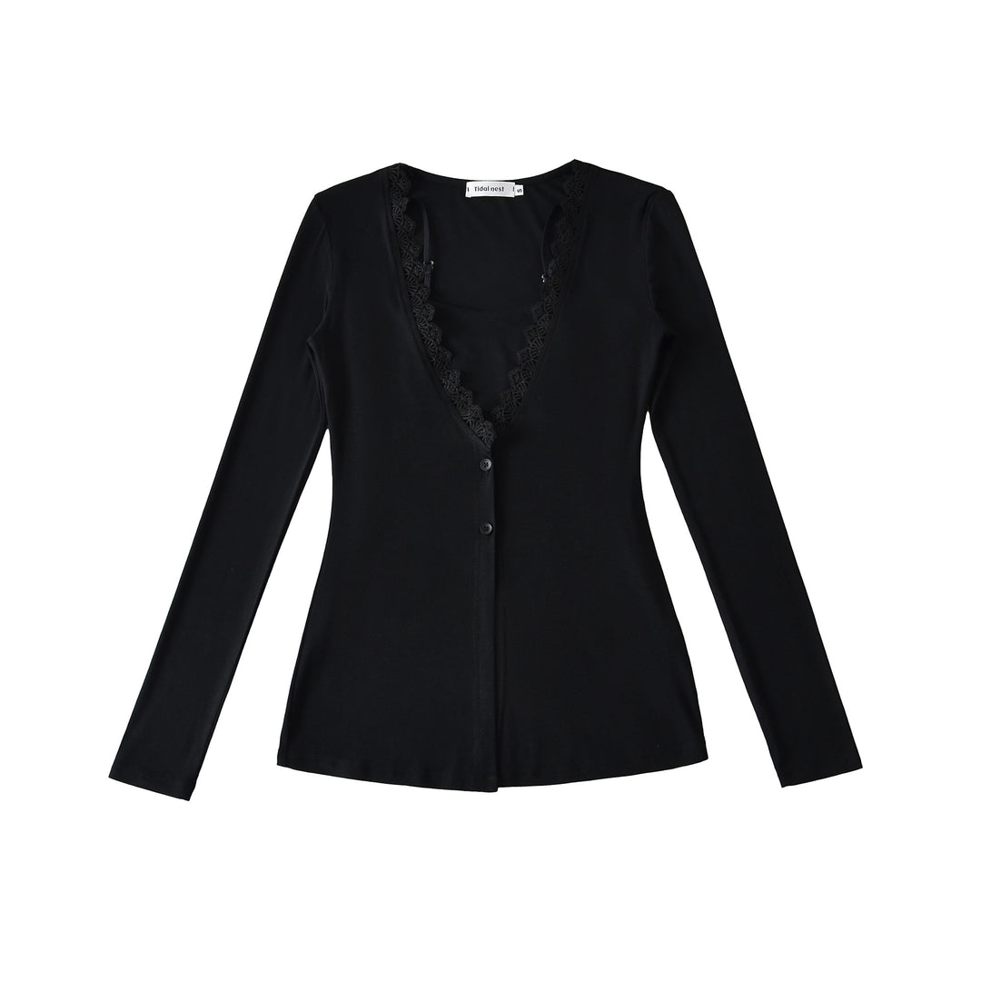 Women Long Sleeve Top with Elegant Lace Collar Lune London