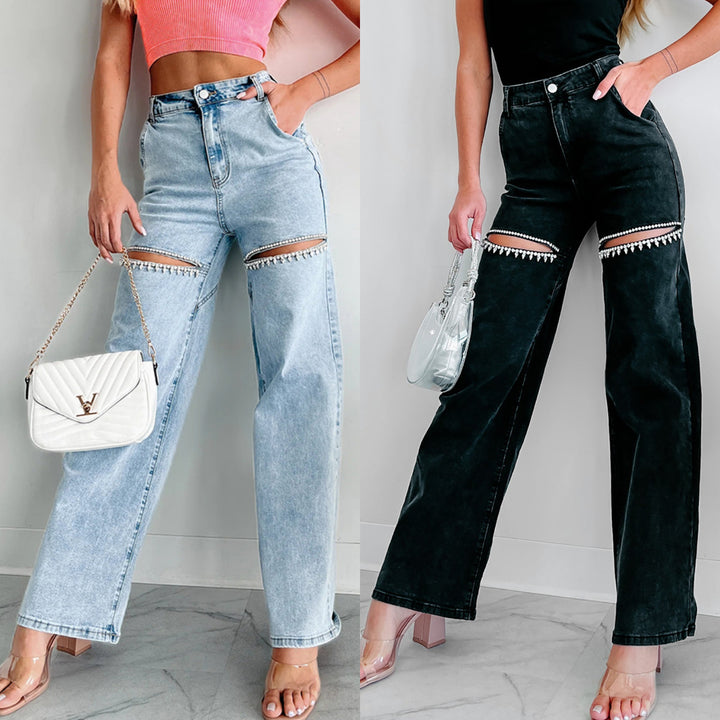 High-waisted jeans for women with an original cut-out design and discreet rhinestone appliqués Lune London