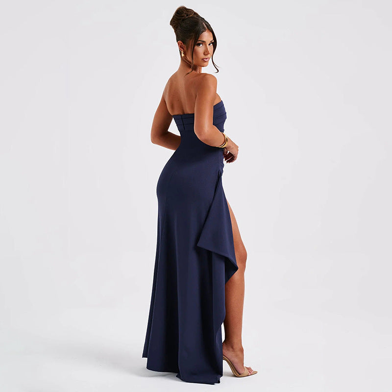 Elegant maxi dress for women with high slit and strapless design Lune London