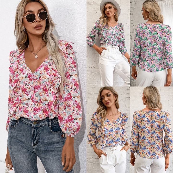 Women's blouse with ruffles and floral pattern Lune London