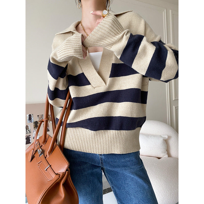 Ladies knit sweater with V-neck and stripes