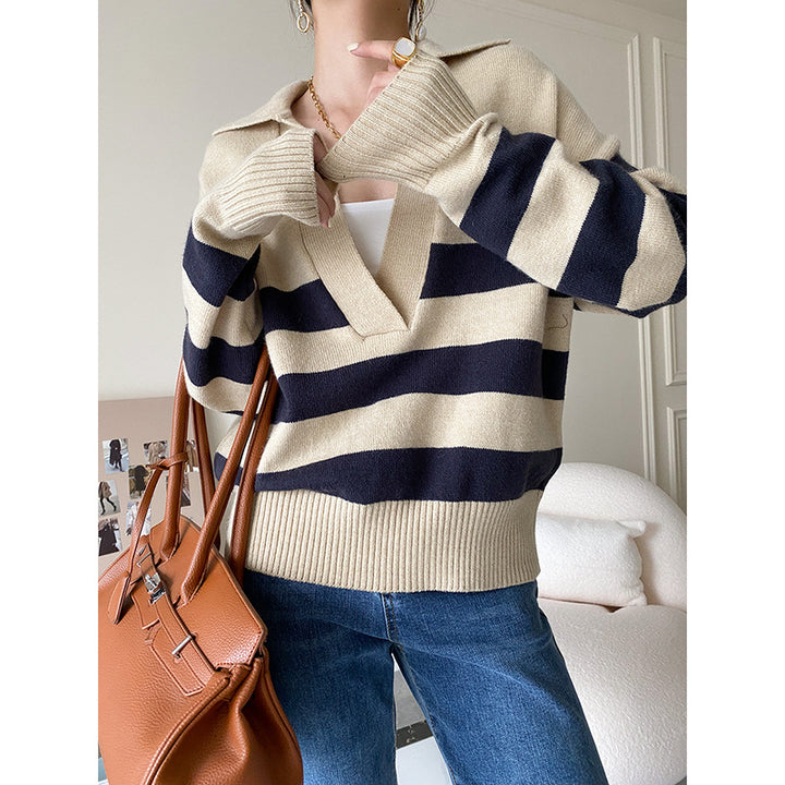 Ladies knit sweater with V-neck and stripes