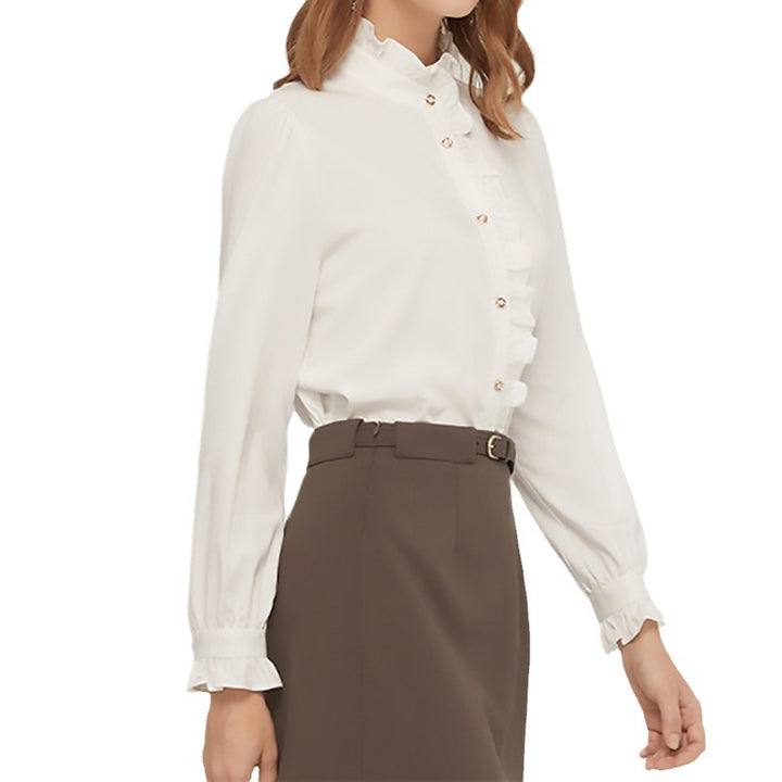 Button-up blouse with gathered high collar for women Lune London