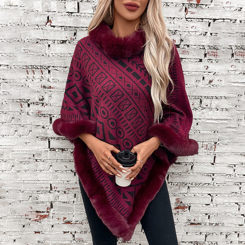 Ladies fashionable poncho with decorative faux fur collar Lune London