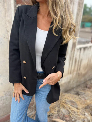 Ladies Elegant Double-Breasted Blazer with Textured Fabric and Gold Buttons Lune London