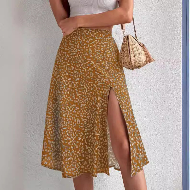 Midi skirt for women with asymmetrical slit and floral pattern Lune London