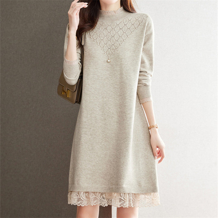 Knit dress for ladies with high collar and lace finish Lune London