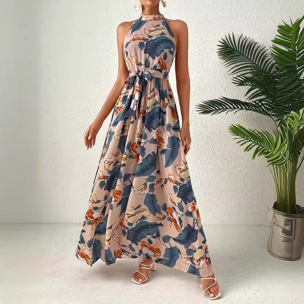 Women's Maxi Dress in Boho Style with High Collar and Tied Belt Lune London