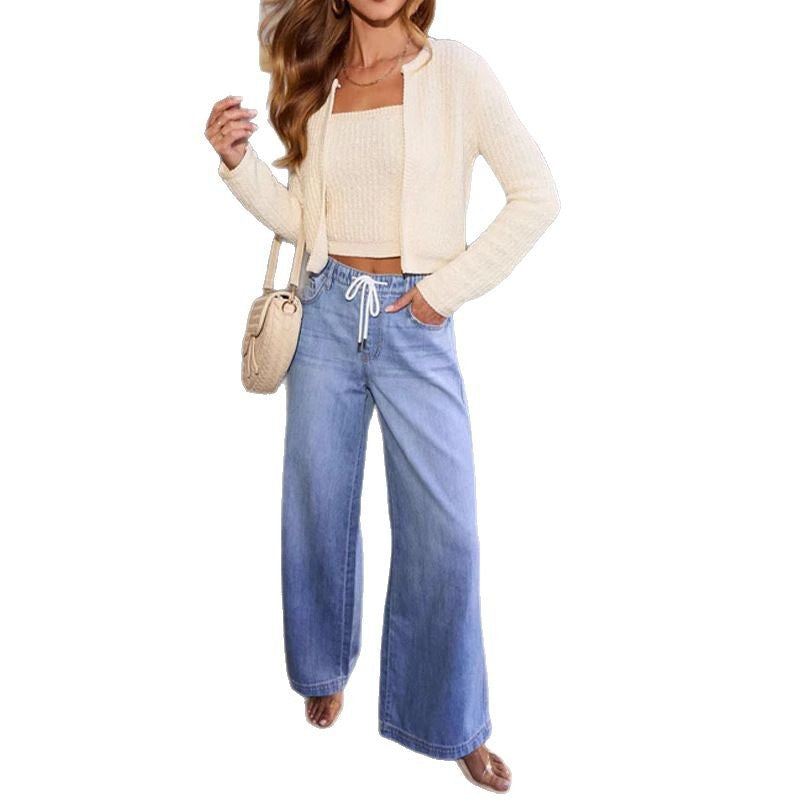 Women Wide Cut Denim Trousers with Elastic Waistband and Modern Drawstring Lune London