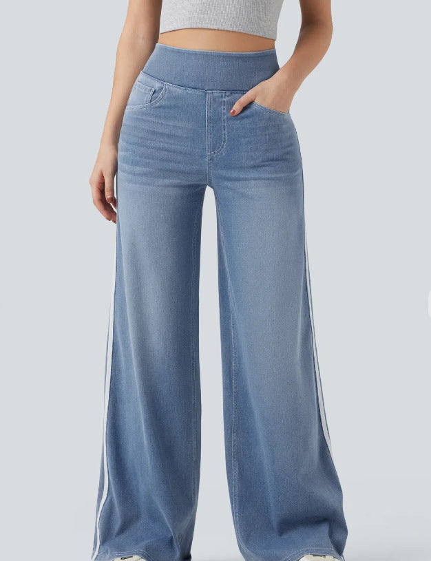 Wide denim pants for women with side stripe and high waist Lune London