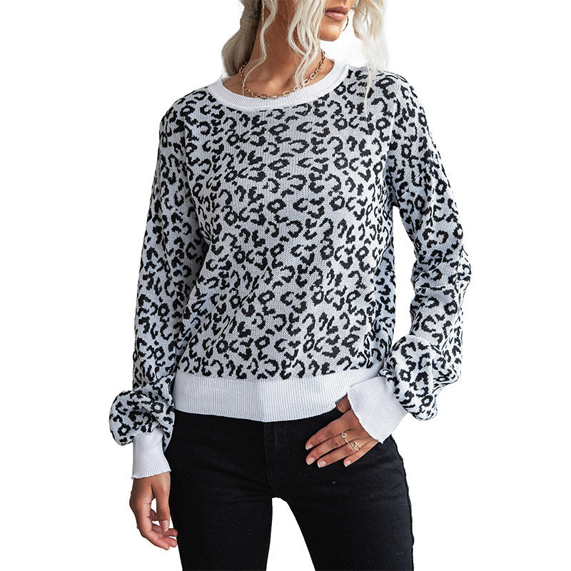 Trendy knit sweater for women with a casual leopard pattern and a round neck Lune London
