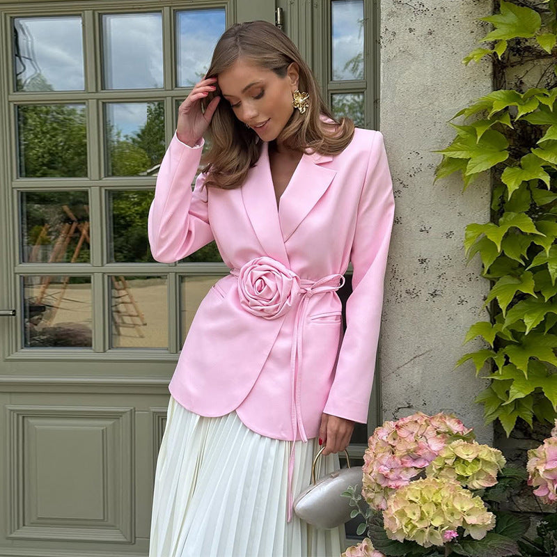 Ladies Elegant Blazer Jacket with Chic Floral Buckle and Style