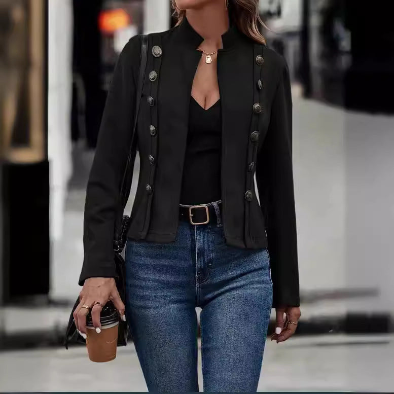Trendy short women's jacket with classic stand collar and decorative button details Lune London