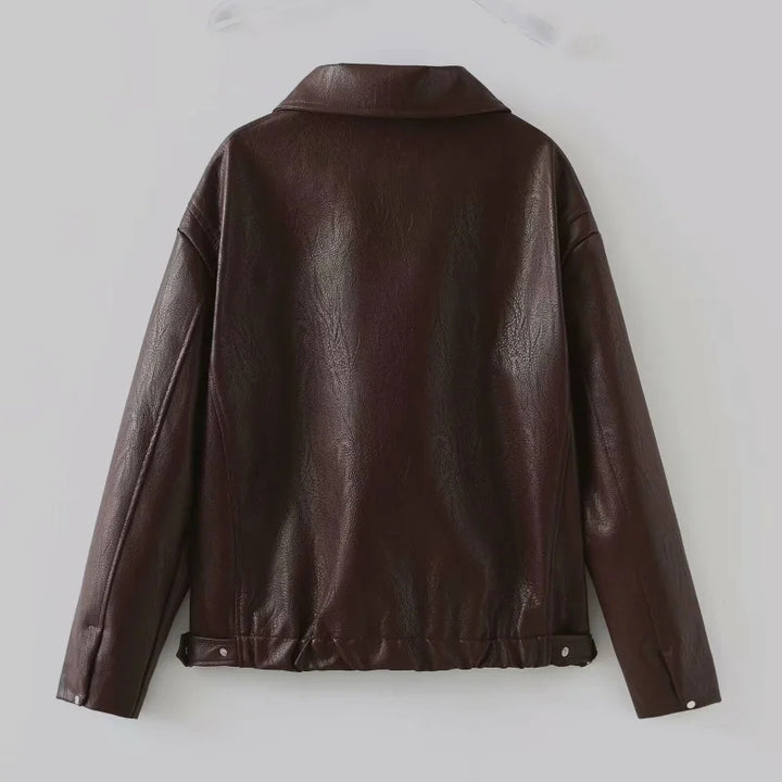 Ladies oversized synthetic leather jacket with wide collar and zipper Lune London
