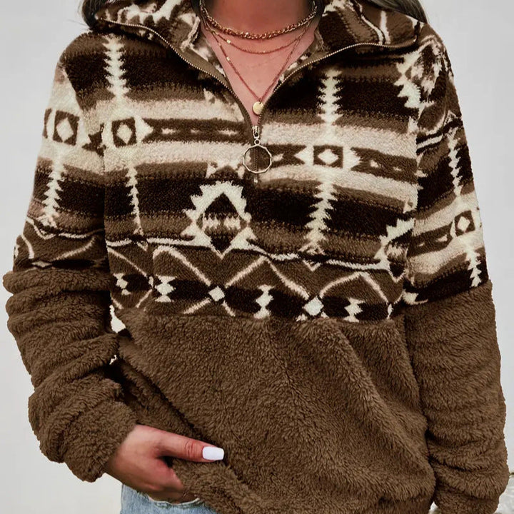 Women's Fleece Pullover with Modern Aztec Pattern and Stand-Up Collar Lune London
