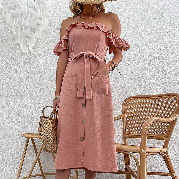 Robe midi à épaules dénudées pour femmes avec détails en volants et ceinture à nouer Chic & Stil