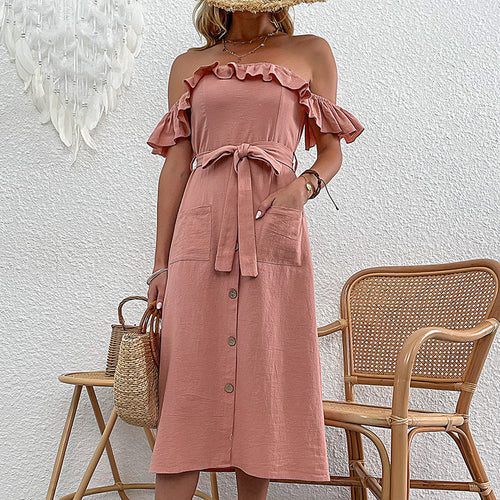 Robe midi à épaules dénudées pour femmes avec détails en volants et ceinture à nouer Chic & Stil
