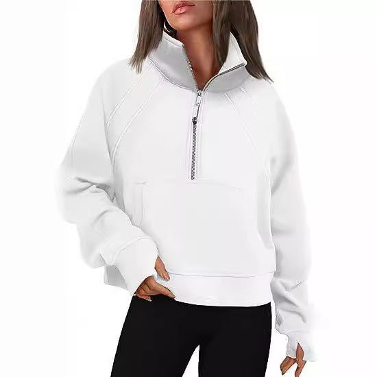 Ladies mid-zip plush pullover with hood and kangaroo pocket Lune London