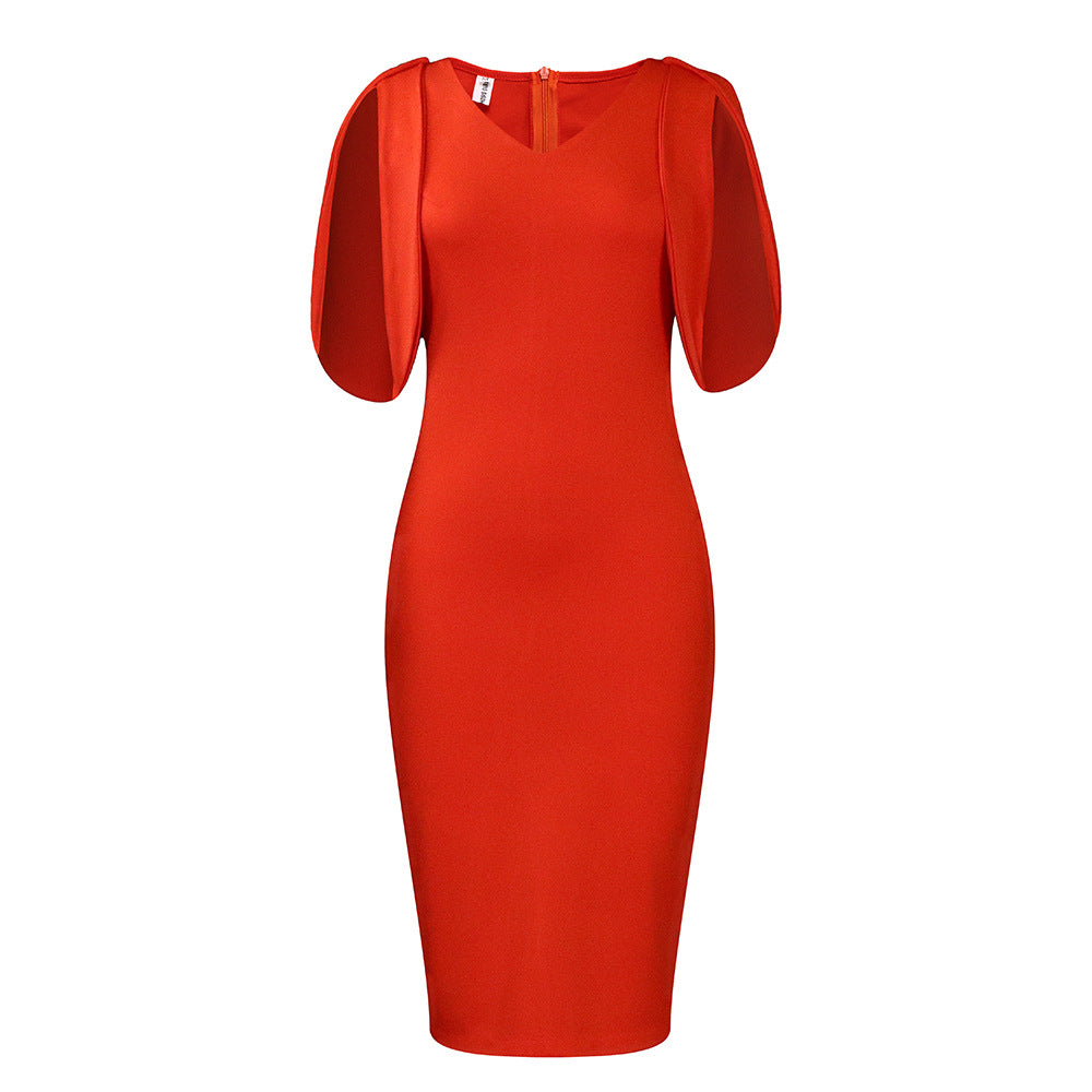 Fitted dress for women with transparent puff sleeves and V-neck Lune London