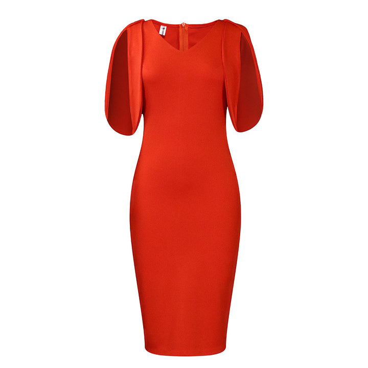 Fitted dress for women with transparent puff sleeves and V-neck Lune London