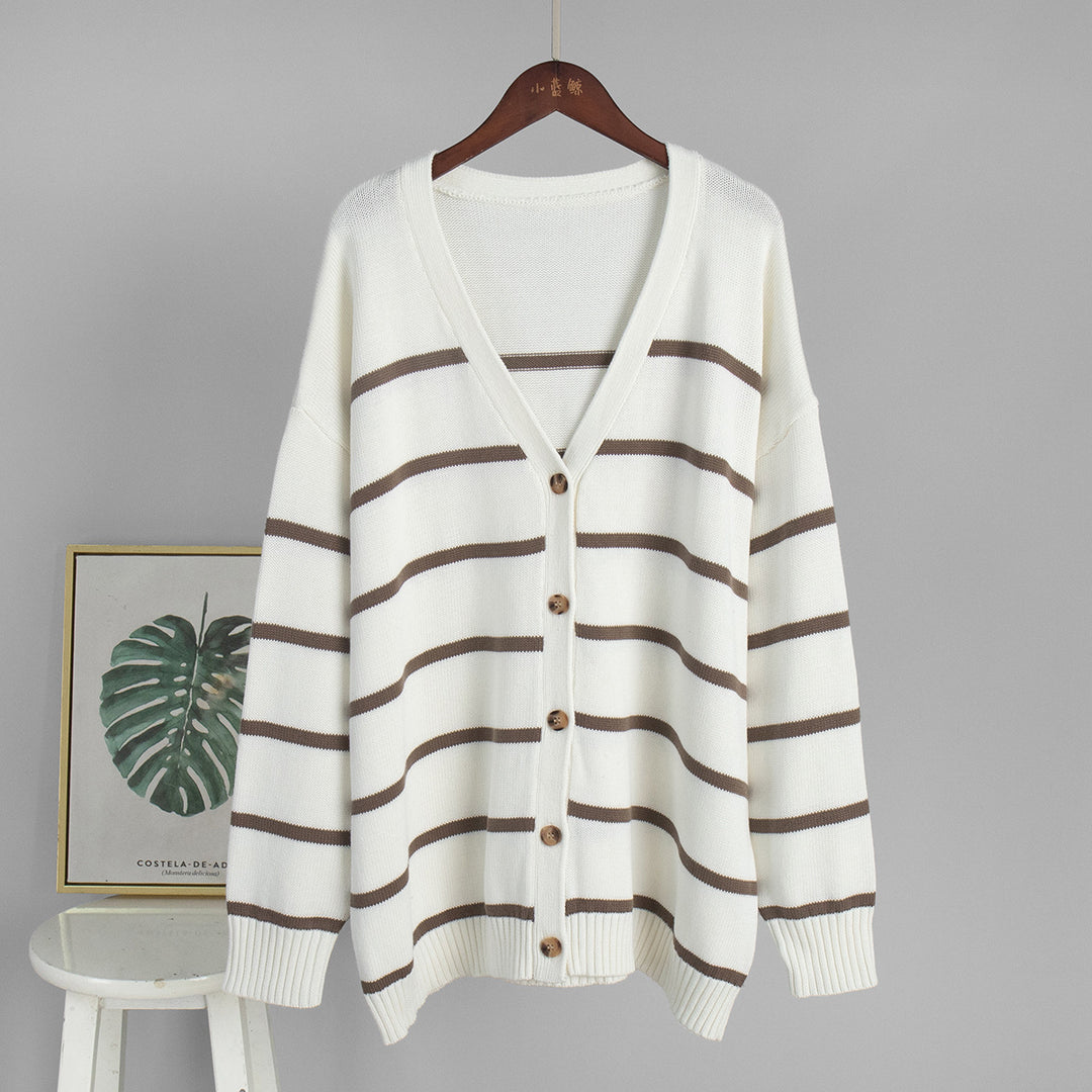 Knitted cardigan for women with V-neck and large stripes Lune London