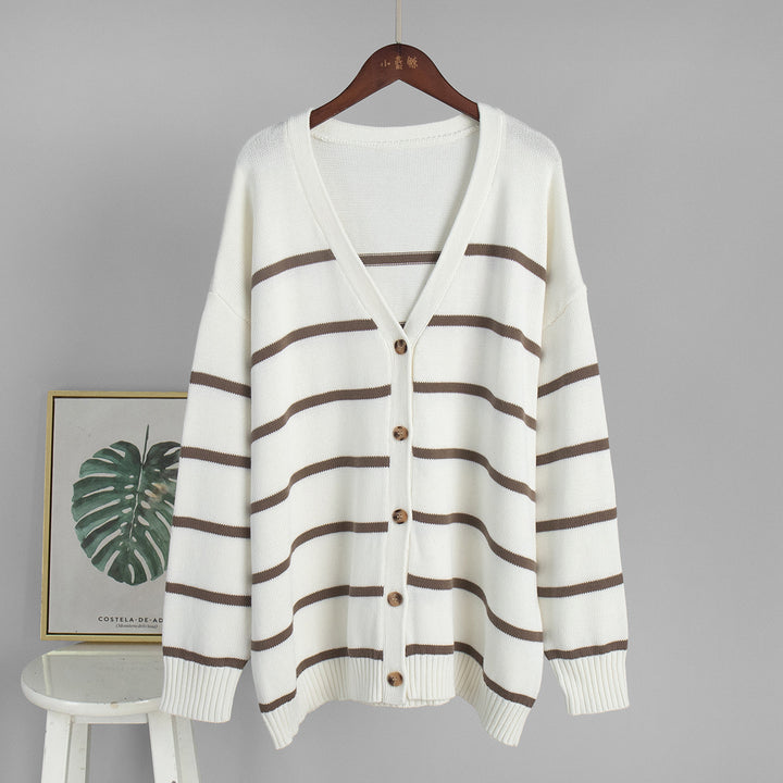 Knitted cardigan for women with V-neck and large stripes Lune London