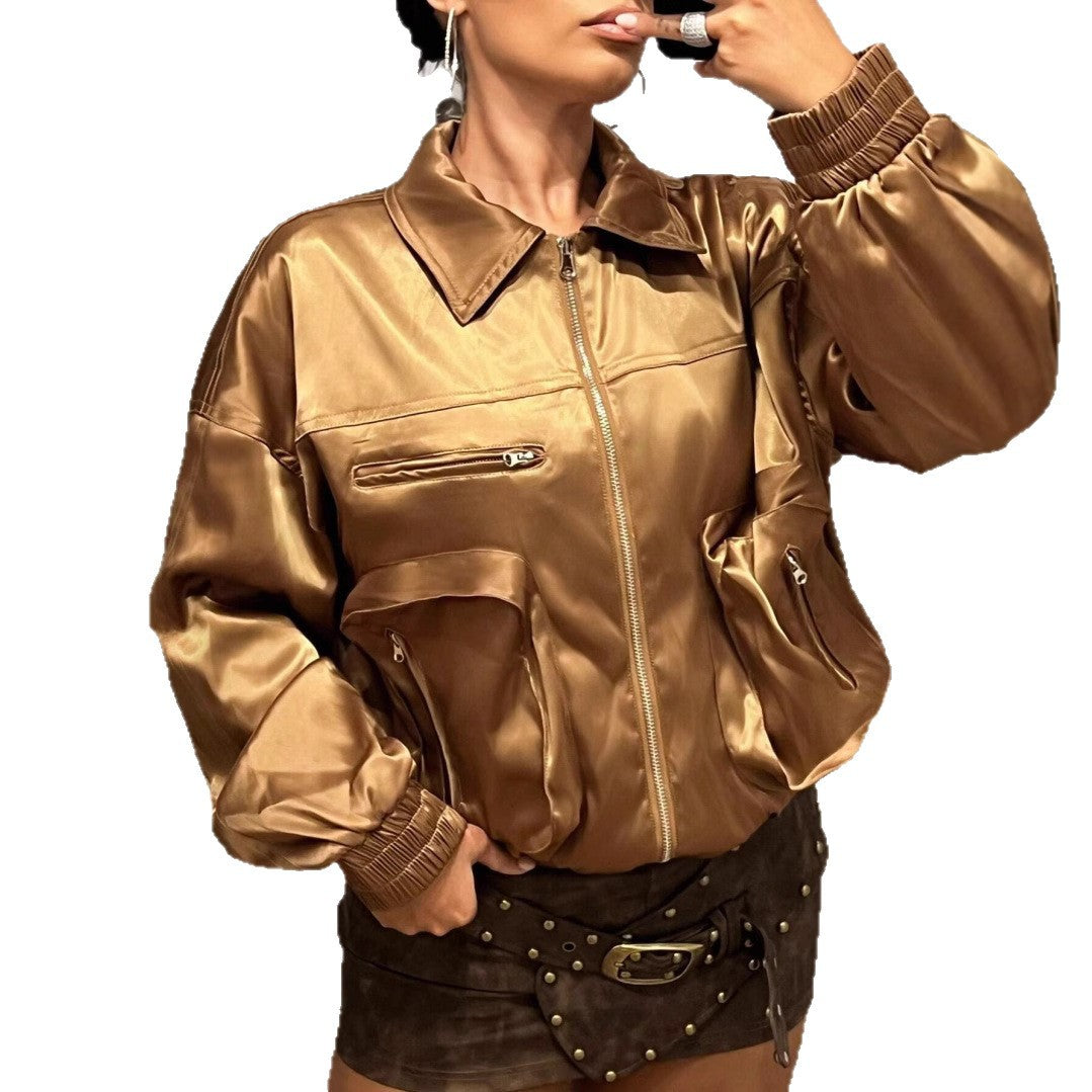 Elegant satin jacket for women with a relaxed fit and practical zip pockets Lune London