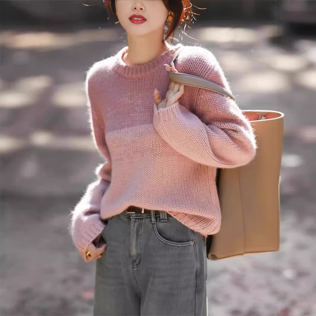 Thick knitted sweater for women with soft color gradient and high collar Lune London