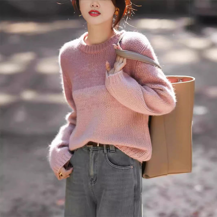 Thick knitted sweater for women with soft color gradient and high collar Lune London
