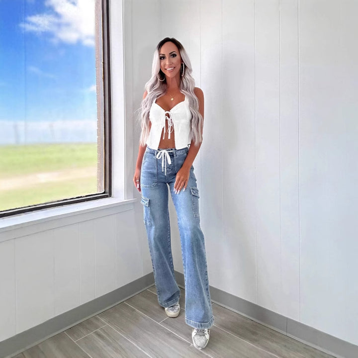 Ladies Cargo Jeans with Wide Leg and High Pockets Lune London