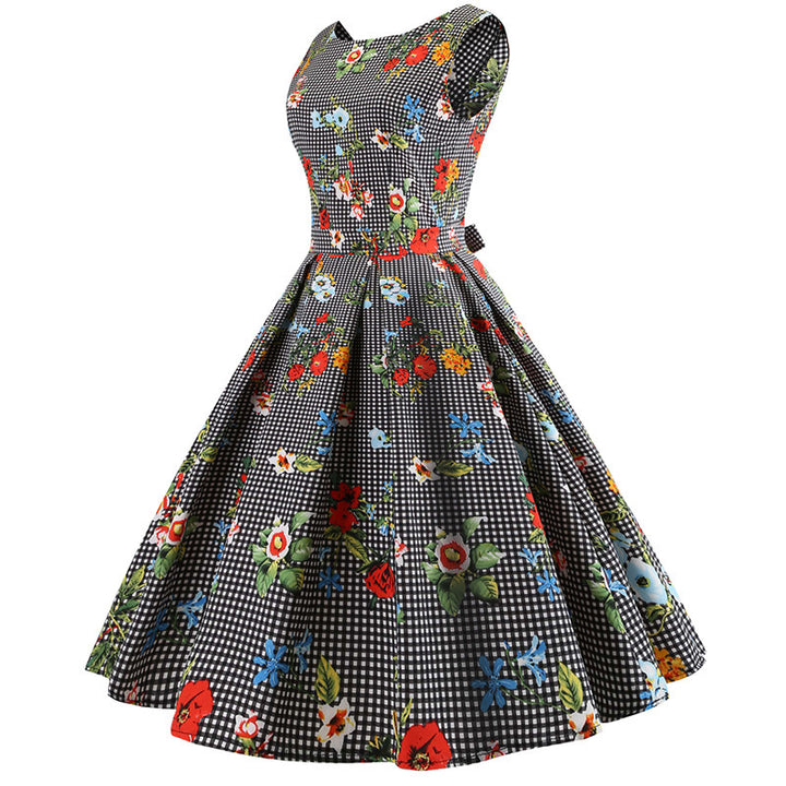 Robe A-Line Rétro pour Femme avec Accents Floraux et Design À Carreaux Classiques Chic & Stil