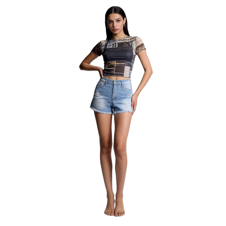 Ladies Crop Top and High-Waist Jeans Shorts Lune London