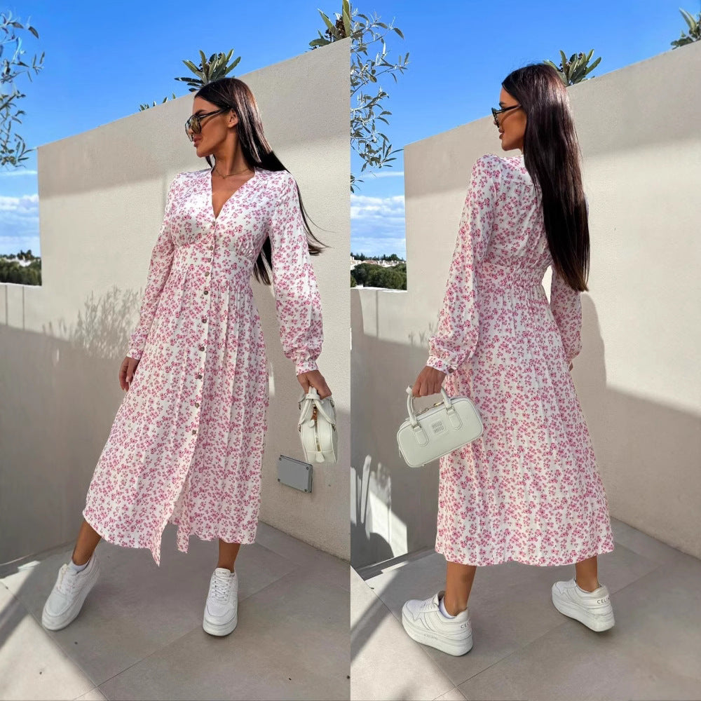 Floral print maxi dress for women with button placket Lune London