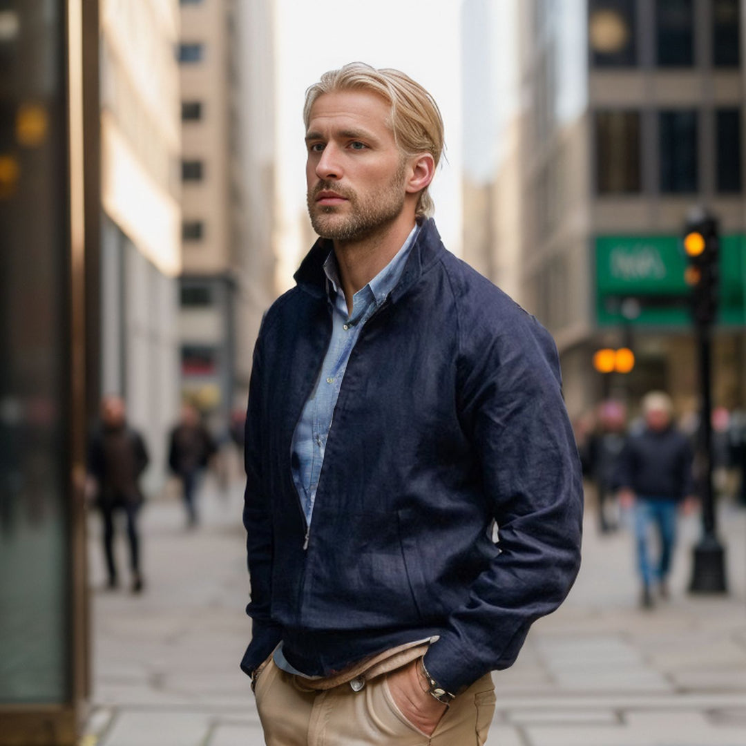 Lightweight transition jacket for men with modern high collar Lune London
