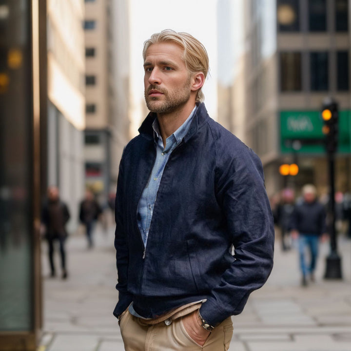 Lightweight transition jacket for men with modern high collar Lune London