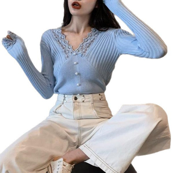 Pull femme à manches longues avec détails en dentelle Chic & Stil